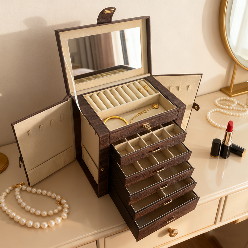 Large Capacity Jewelry Box 6 Layer Drawer with Mirror Multi-function Necklace Ring Jewelry Box Glasses Watch Storage Box
