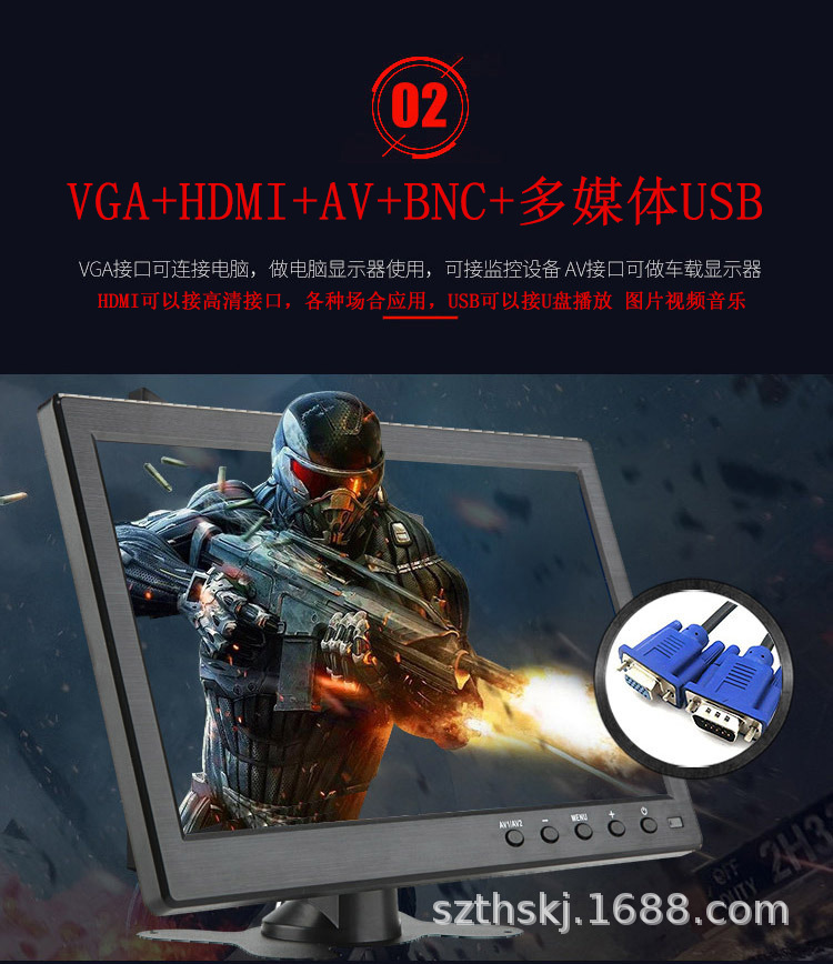 10.1inch Inch Small Monitor for Car with Hdmi+Vga+Av+Usb for Playing Movies, Music, and Images in the Car