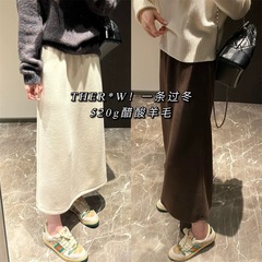 冬醋酸羊毛加绒加厚毛呢半身包臀裙气质后开又直筒裙子秋冬半裙女