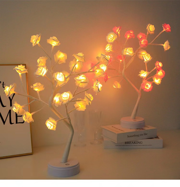 Transfronterizo nuevo artificial Rose Tree forma de luz LED luz de la noche caja de batería USB decoración interior atmósfera luz de color