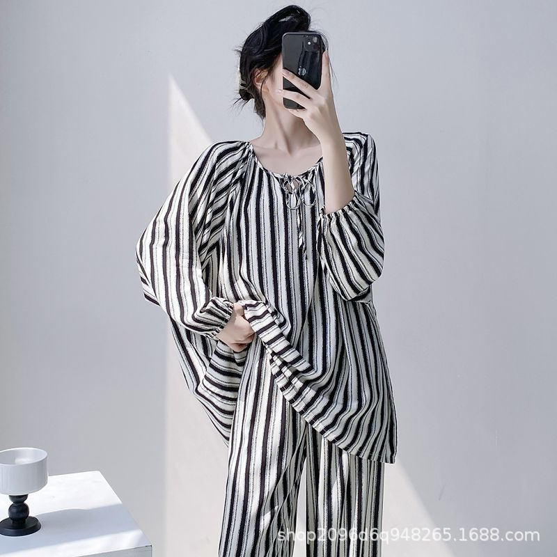 女性用パジャマ、春と秋の長袖人工綿シルク、国民風プリント、ゆったりとした大きいサイズの綿シルクホーム服セット、薄手|undefined