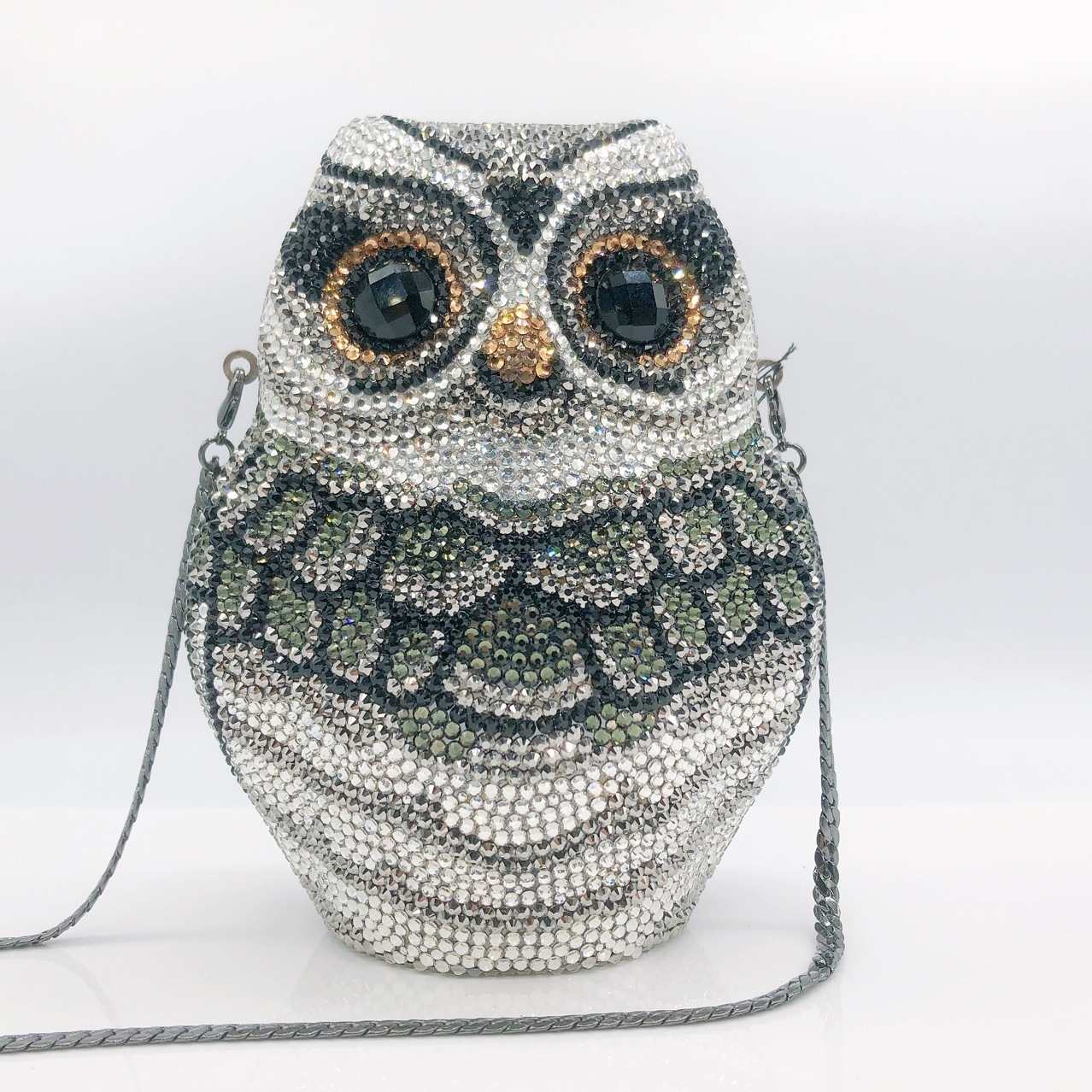 Nuevo fondo plano transfronterizo llena de diamantes búho de diamante de diamante de diamante bolsa de banquete europea y americana bolsas de mano de diamante de diamante de diamante Owl Clutch