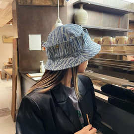 蓝色格纹~日本小众设计立体帽檐工业风小沿渔夫帽女时尚工装盆帽