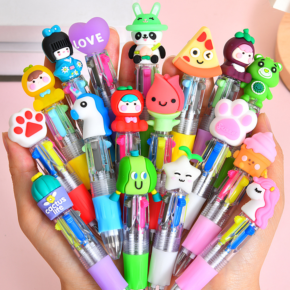 Nuevo mini bolígrafo de cuatro colores coreano lindo ins dibujos animados cabeza de animal pluma de presión de color regalo de premio para estudiantes