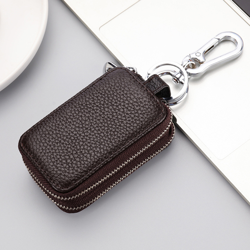 Primera capa de piel de vaca clave caso de doble capa patrón de Litchi clave caso cuero genuino llavero de gran capacidad unisex clave caso