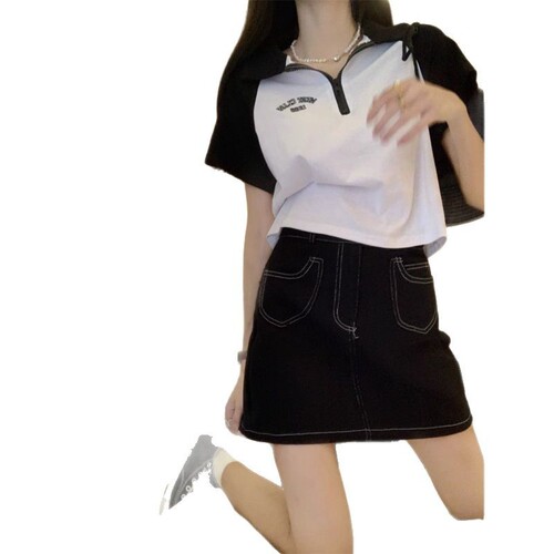 New Colorblock Shoulder-Strap Short-Sleeve Polo Collar T-Shirt for Women - Summer American Retro Hot Girl Short Top High-Waisted Top for Slimming