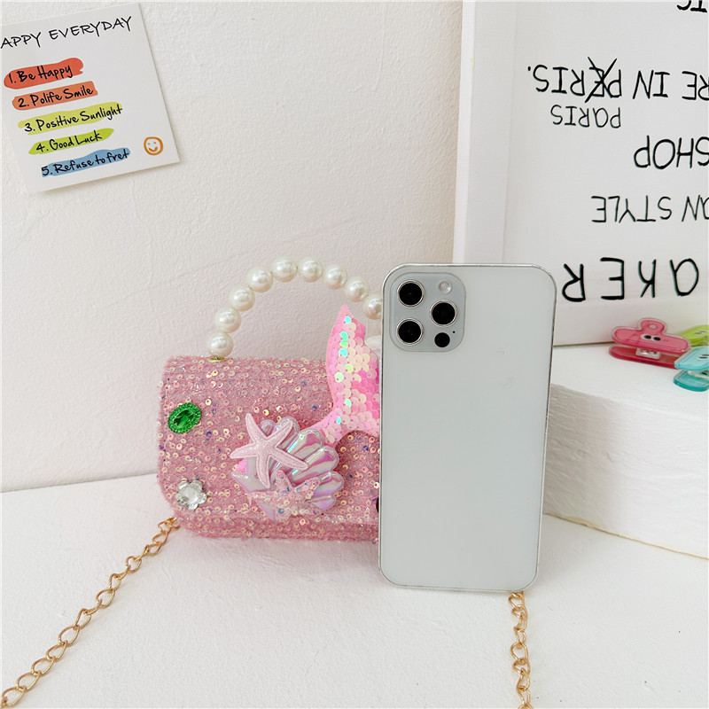 Nueva moda en línea bolsos de niños, princesa extranjera, bolsos de perlas, lindos bolsos de cola de pez para niñas