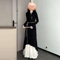 新しい中国風のチャイナドレス黒のドレス女性の春服 2025 新しいスタイル不規則な気質ロングスカート