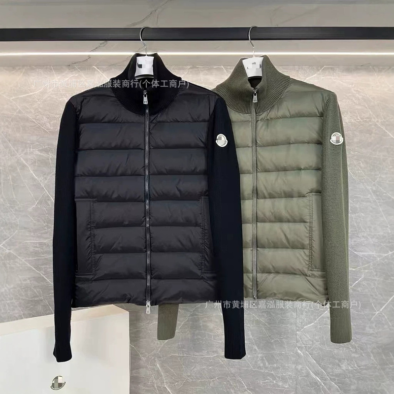 Cross-border European station 26ss M brand knitted patchwork down jacket, unisex, stand-up collar, lightweight, warm, casual jacket