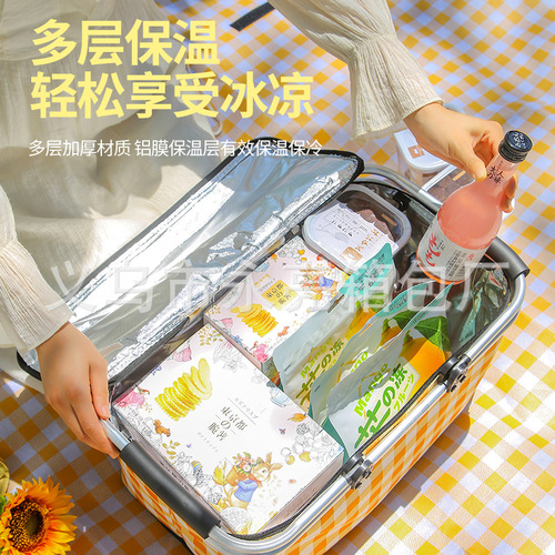 Portable foldable outdoor picnic basket with handle, car-mounted aluminum film insulated lunch box, large capacity insulated shopping basket, ice basket