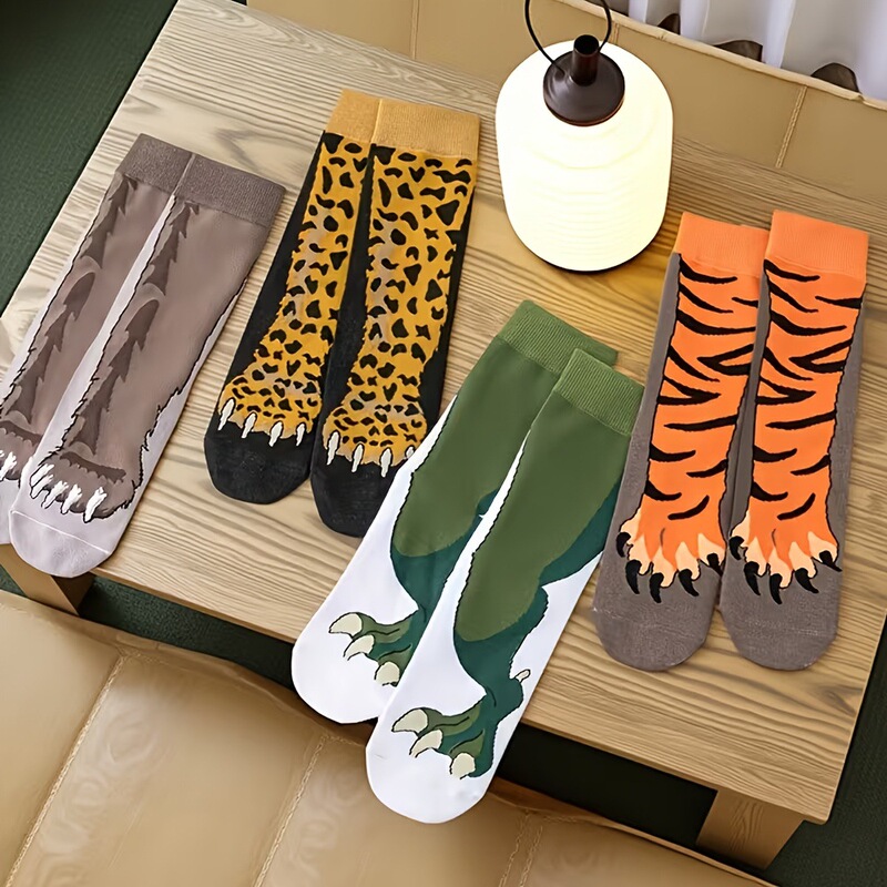 Cute tiger face socks with tiger stripes and paw patterns, fun and novel long socks