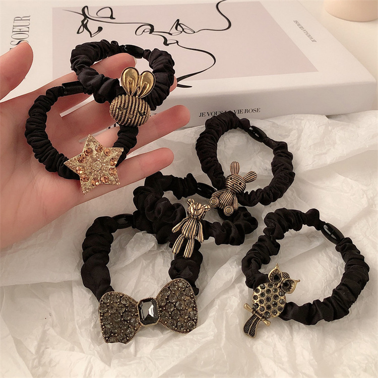Metal retro conejo negro anillo de cabello de cola de caballo cuerda de cabello elástica de alta altura temperamento banda de goma adornamiento para el cabello