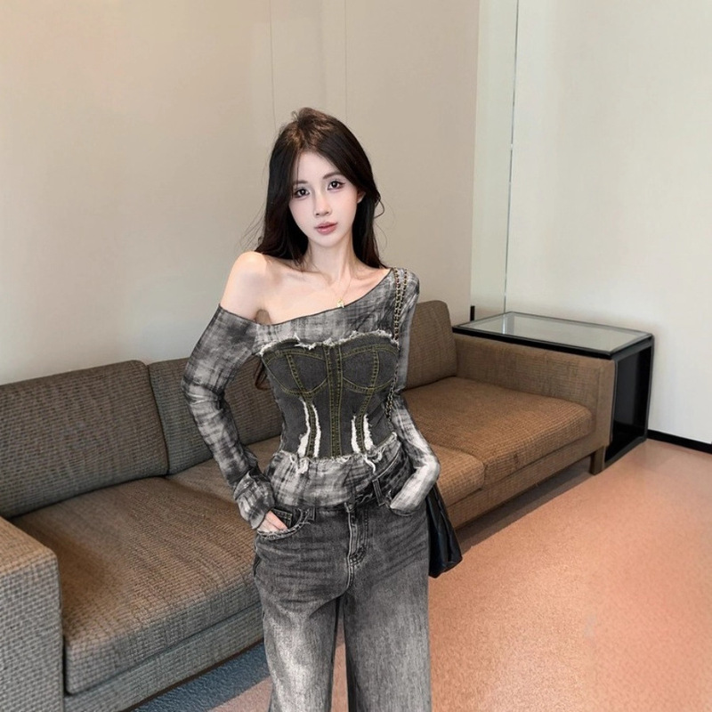 2025 Early Autumn New Style Asymmetrical Sexy Denim Retro Splicing Tie-Dye Shirt Tight Slant Collar Long-Sleeved T-Shirt for Women