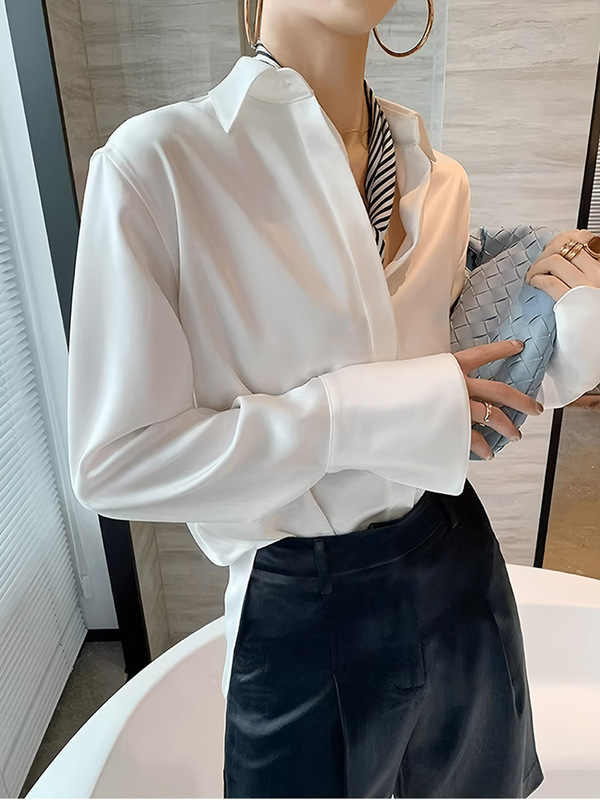 醋酸高级感女上衣2025秋季新款缎面白衬衫法式气质正装职业衬衣|undefined