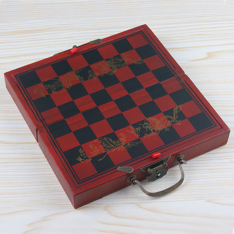 Ajedrez antiguo tamaño pequeño Xi'an Terra Cotta Guerreros piezas de ajedrez tablero de ajedrez de madera plegable piezas de ajedrez tridimensionales regalo de Navidad Cruz