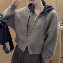 韩版设计感时尚连帽针织衫女2023秋冬新款长袖双头拉链毛衣女开衫