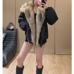 秋冬季新款美式辣妹毛领廓形飞行夹克加厚棉服大衣女皮毛一体外套