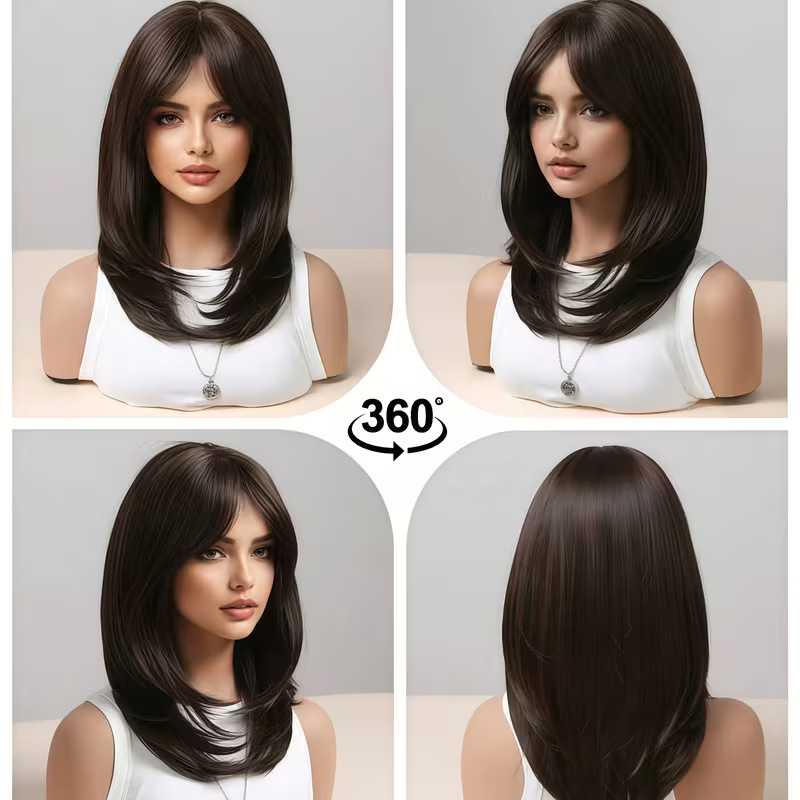 European and American Cross-Border Best-Selling Wig for Women, Natural Brown, Medium-Length Slightly Curly Hair with Bangs, Synthetic Fiber Full Wig