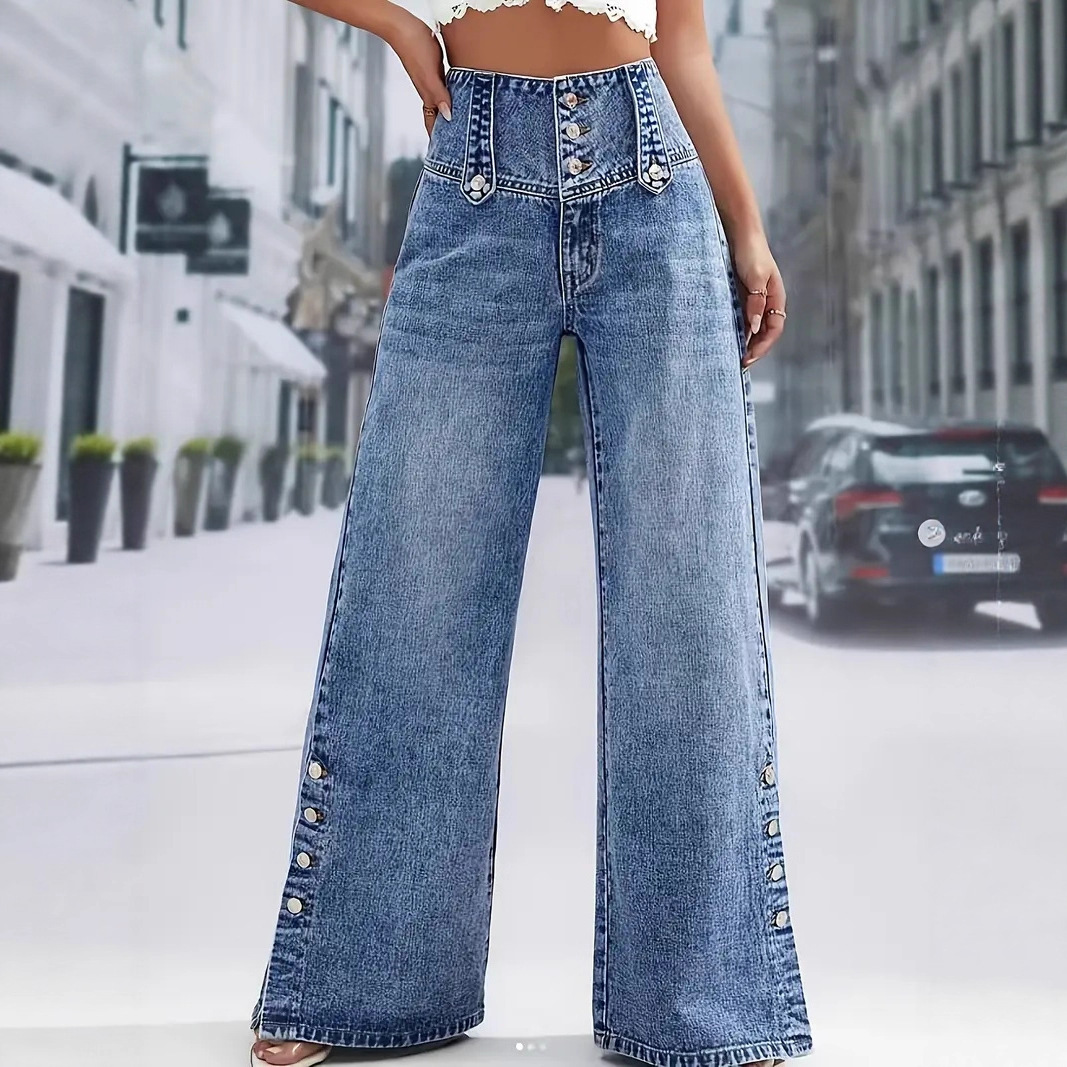 Jeans de Pierna Ancha de Mezclilla de Algodón con Tiro Alto y Apertura para Moda Urbana
