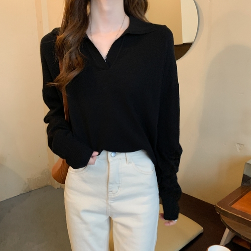 Early autumn thin version polo collar inner long-sleeved base knit top loose lazy style outerwear sweater for women autumn and winter