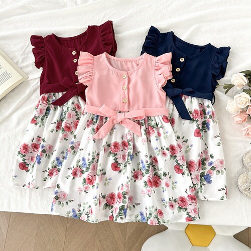 Children's Summer New Arrival Floral Edge Short Sleeve Dress with Ties