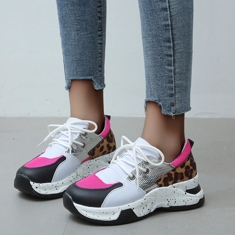 Women's Shoes thick soled shoes leopard print color matching lace up casual sports shoes women's shoes single shoes_voghion.com