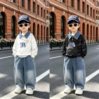 男童秋装时髦套装2026新款儿童春秋牛仔翻领扎染印花卫衣两件套潮