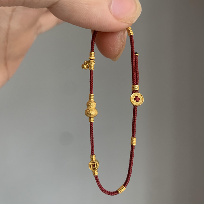"Double Happiness" New Chinese Style Golden Gourd Bracelet, Unique Design Red String Ancient Style Woven Hand Accessory, New Chinese Style "Double Happiness" New Chinese Style Golden Gourd Bracelet, Unique Design Red String Ancient Style Woven Hand Accessory, New Chinese Style