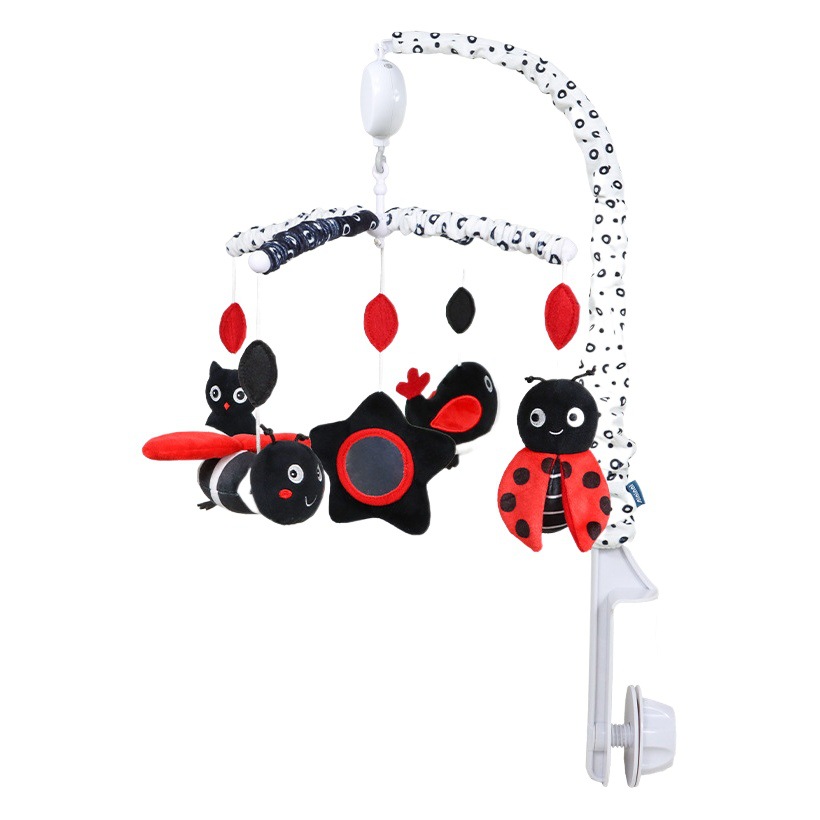 Nueva cama giratoria de música para niños Bell bebé anti-estrabismos cama colgante de juguete negro y rojo bebé felpa campana de noche al por mayor