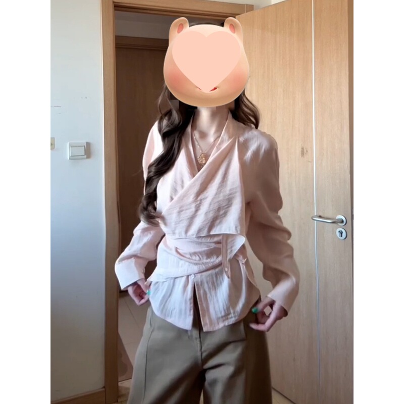 韩系慵懒交叉绑带粉色长袖衬衫女早秋新款小众设计感收腰显瘦上衣|undefined