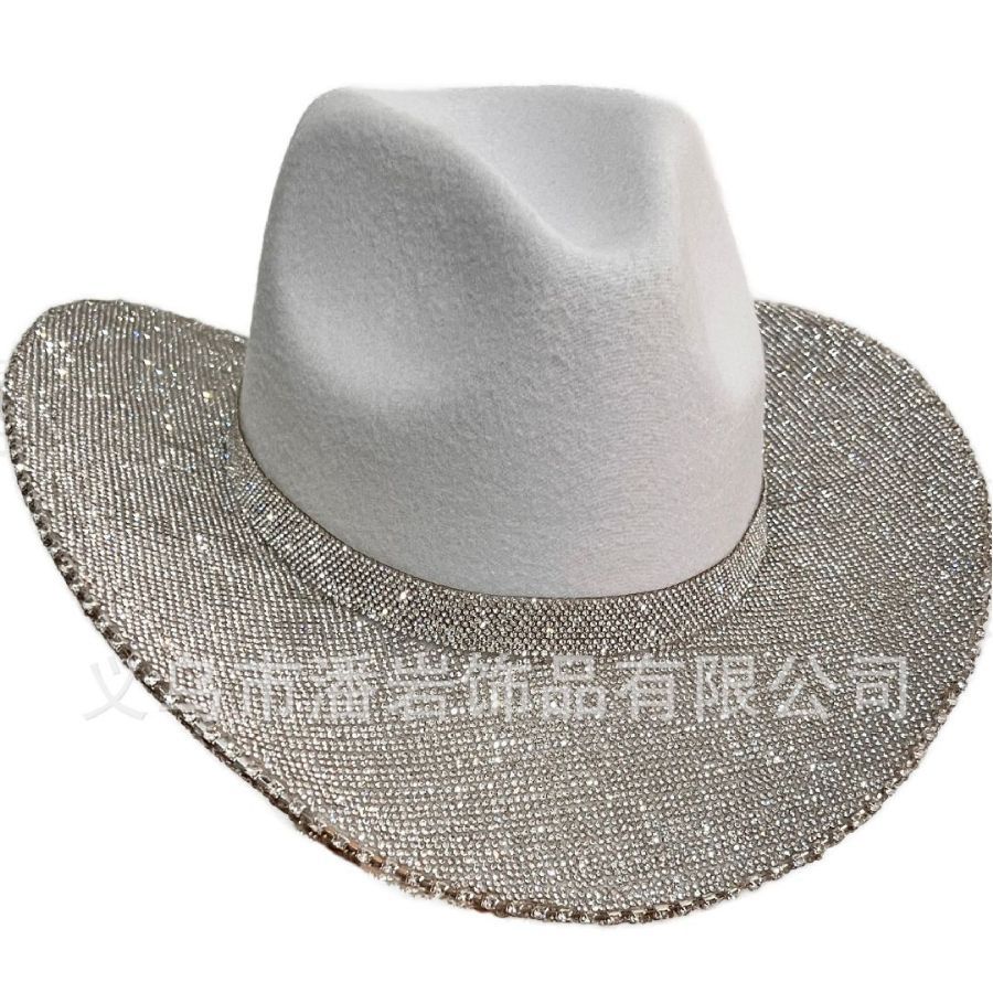 Europa y los Estados Unidos nuevos sombreros festivos de vaquero con bordos de moda sombreros de lana espectáculo de baile de diamantes grandes bordes de sombrero occidental