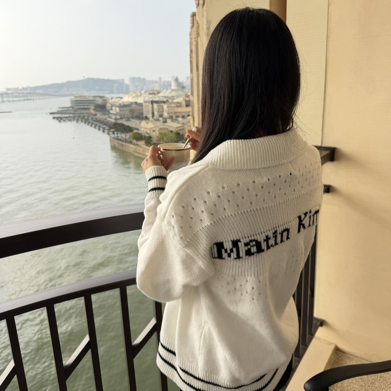 In-stock Korean Matin Kim hollow-out lapel letter jacquard knit cardigan for men and women, long-sleeve sweater jacket for autumn