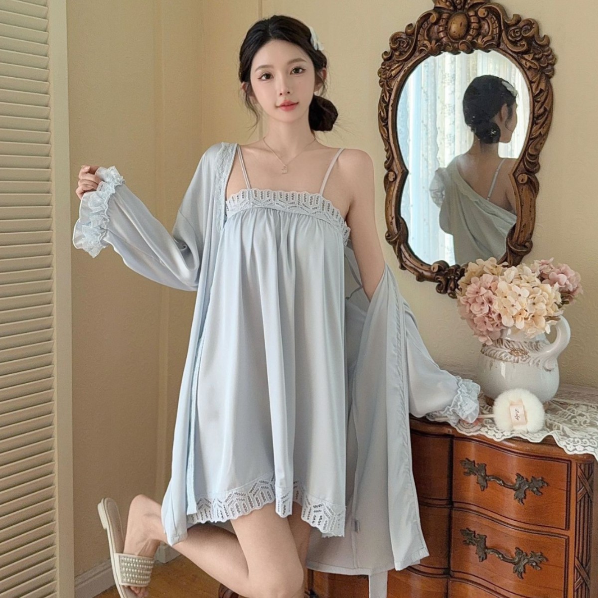 Spring and Summer Japanese Style Sweet Sling Nightgown Women's Sexy Thin Sling Ice Silk Nightgown Pure Desire Style Nightgown Long Sleeve