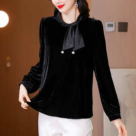 2025秋季新款法式优雅蝴蝶结圆领金丝绒女衬衫感气质女上衣图片色
