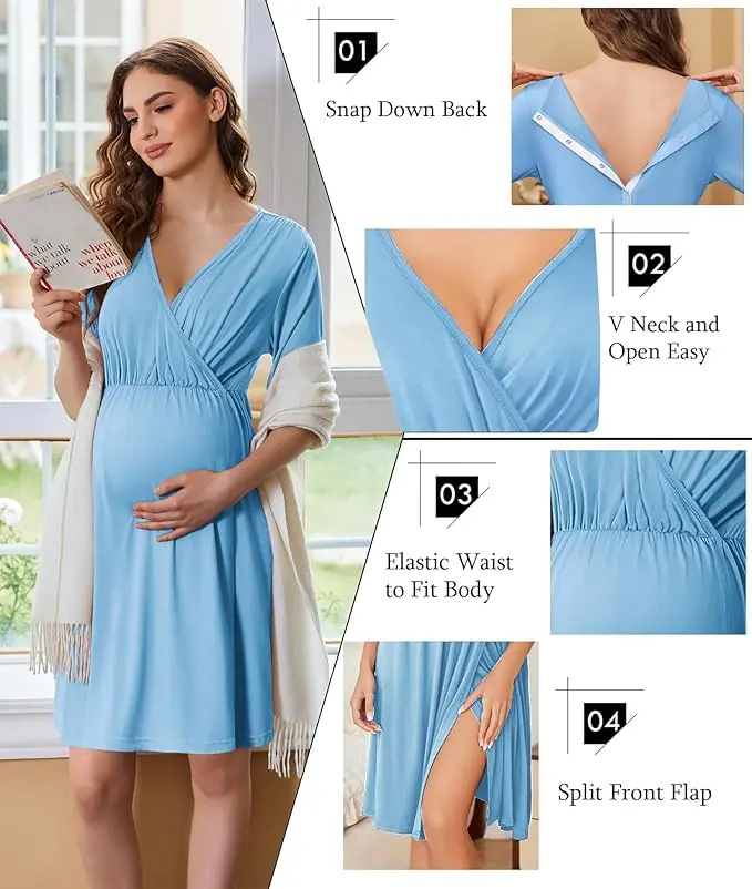 Stillkleid für Schwangere, Kurzarm, Weicher Stoff, V-Ausschnitt, Stillzugang und Einfacher Tragekomfort, Schwangerschafts- und Krankenhauskleid – Detail 7