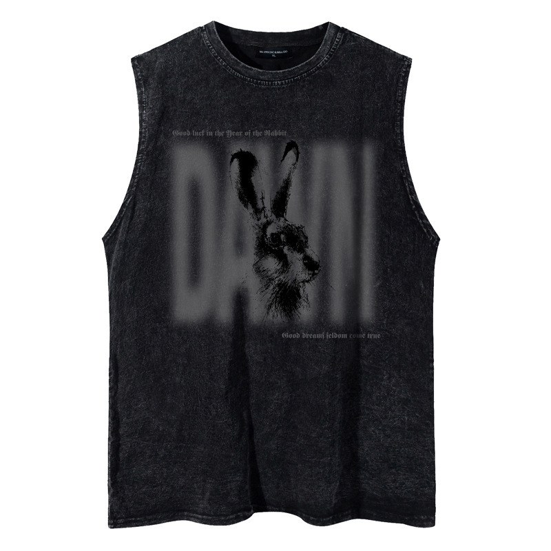 American Style Street Retro Old Fuzzy Letter Rabbit Print Vest Men's Fashionable Brand Hip-Hop Loose Sleeveless T-Shirt