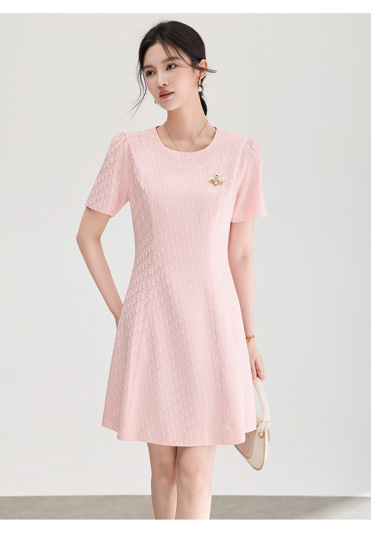 Đầm ngắn tay thắt eo jacquard kiểu dáng thanh lịch mùa hè — màu hồng chi tiết 14