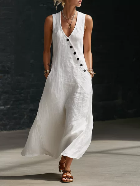 2026 Spring and Summer Tiktok Cross-Border European and American Lazy Style V-Neck Buttoned Cotton and Linen Long Dress Sleeveless Vest Dress