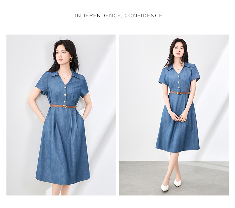 Váy liền denim sơ mi kiểu Pháp thắt eo thanh lịch — Màu xanh lam nhạt chi tiết 8