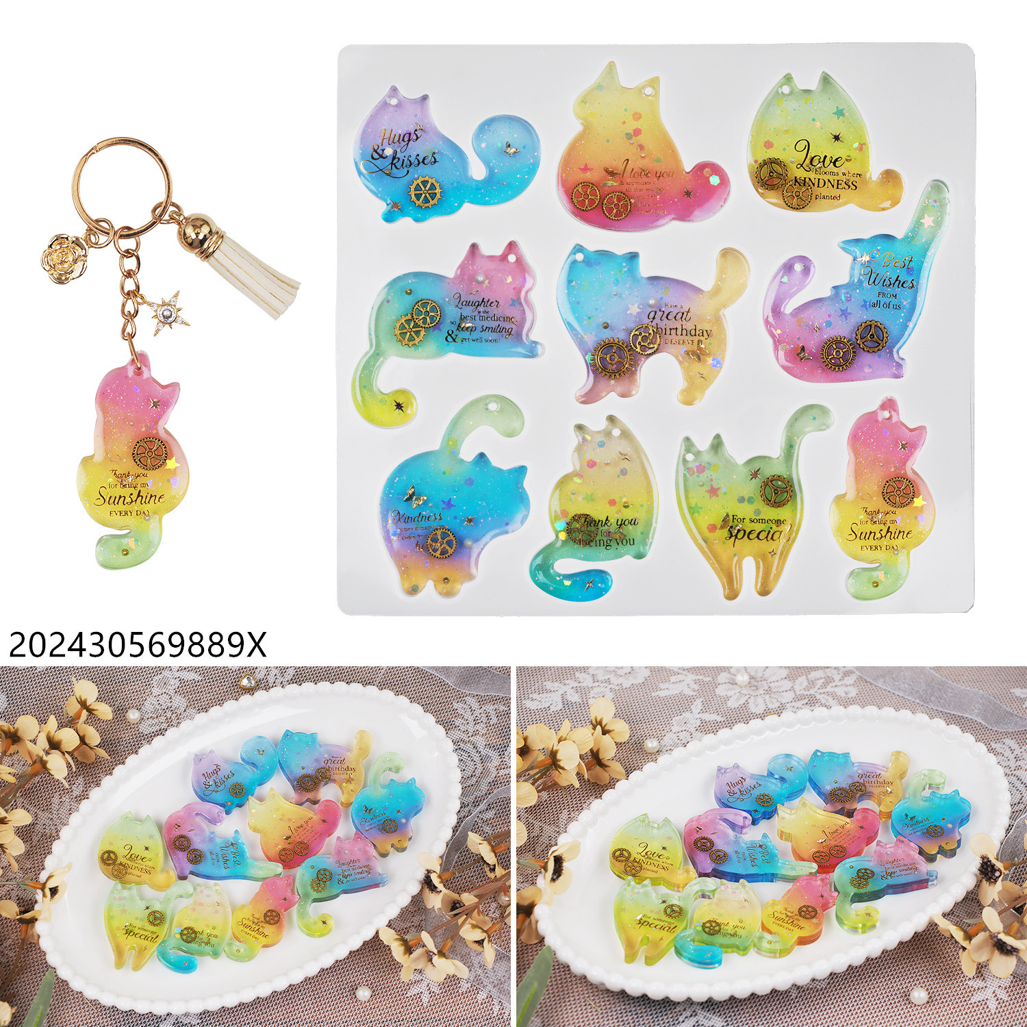 Cristal de bricolaje epoxi epoxi gato lindo gato en forma de gato colgante llavero espejo molde de silicona Ruihe