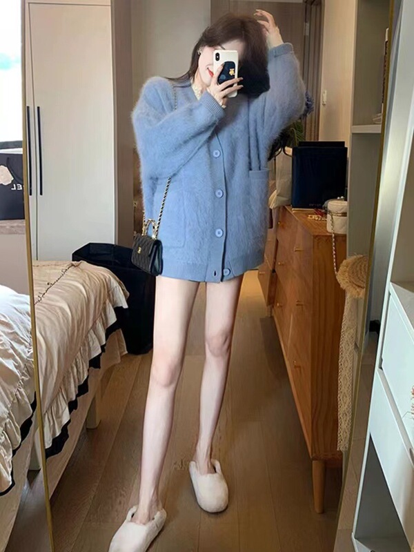 仿水貂绒奶的毛衣外套女装秋冬新款慵懒领针织开衫上衣|undefined
