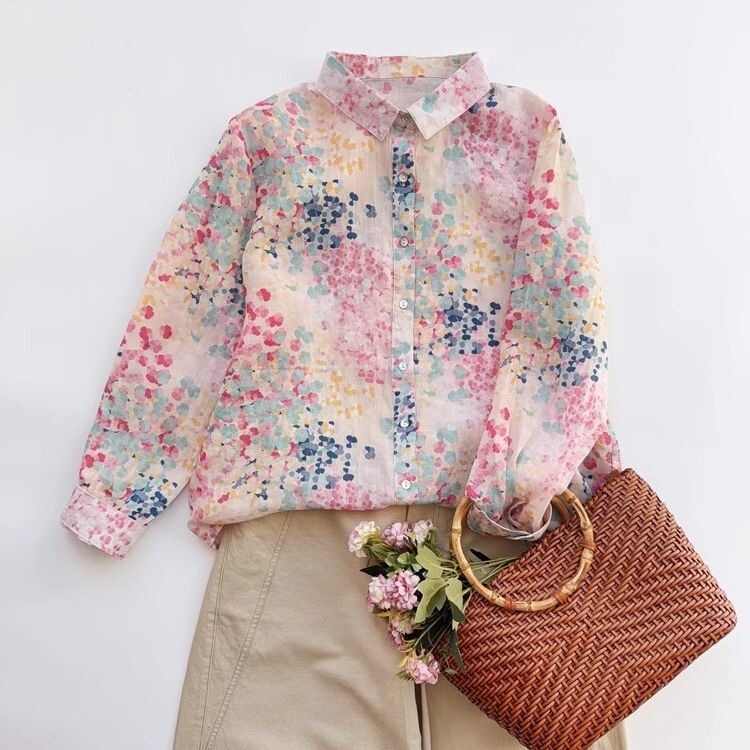 Macaron-Colored Cotton Floral Shirt, Niche High-Quality! Versatile Loose-Fitting Thin Printed Shirt for Women