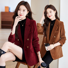 酒红色长款长袖小西装领外套女秋冬季新款职业休闲时尚气质潮上衣