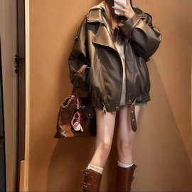 加绒加厚美式皮衣外套女潮2025秋冬新款韩版宽松百搭皮夹克潮氨纶