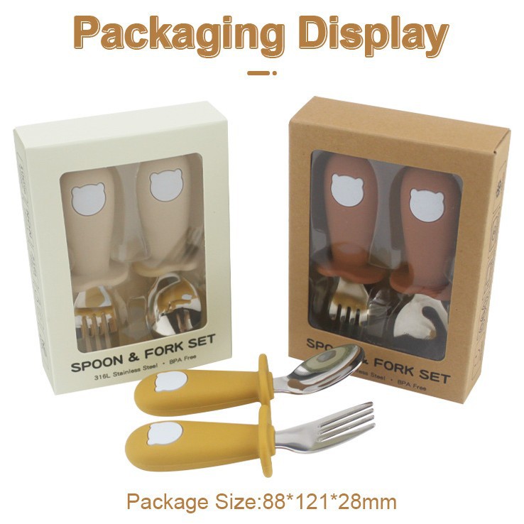 Panda bebé tenedor cuchara de silicona FDA traje 304/316 Acero inoxidable vajilla cuchara