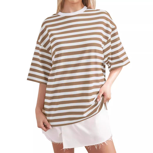 Western and Eastern Women's Summer Simple Home Casual Striped Print Crew Neck Five-Button T-Shirt