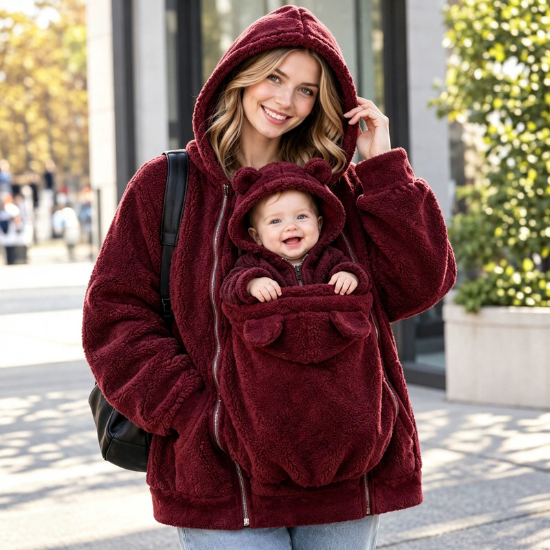 European and American Cross-Border Autumn and Winter New Style Hooded Baby Carrier Jacket for Women, Double-Sided Fleece Thickened Kangaroo Bag Parent-Child Sweatshirt