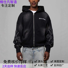 定制重磅水洗炒色潮牌纯棉高端跨境拉链连帽加工厂印LOGO男式卫衣