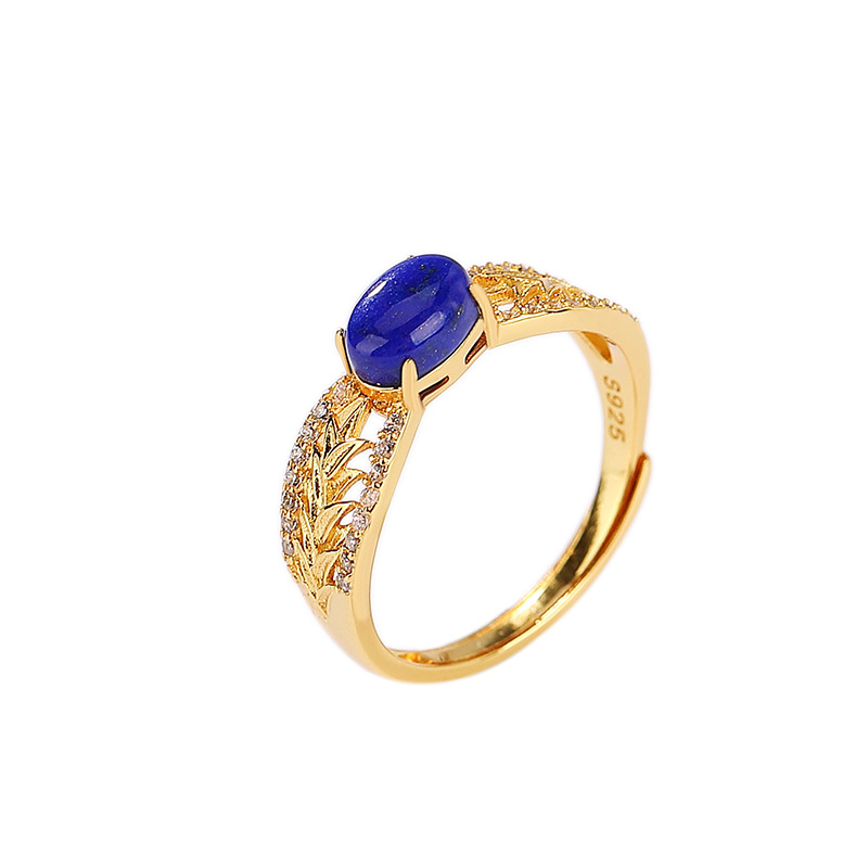 Nhẫn nữ bạc S925 mạ vàng đính đá Lapis Lazuli và Zircon phong cách cổ điển — Mở (một kích thước)