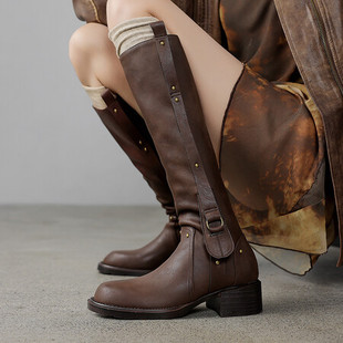 Handmade genuine leather!Equestrian boots for women 2024 hot knight boots fashionable round toe medium thick heel internet celebrity high tube boots